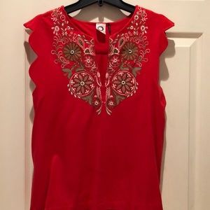 Red embroidered short sleeve top